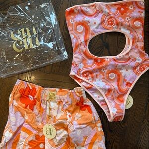 Cin Cin Bathing Suit and Shorts Set - Orange and Pink
